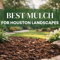 Best mulch for Houston landscapes showing hardwood mulch in a garden bed with flowers and greenery in a residential yard