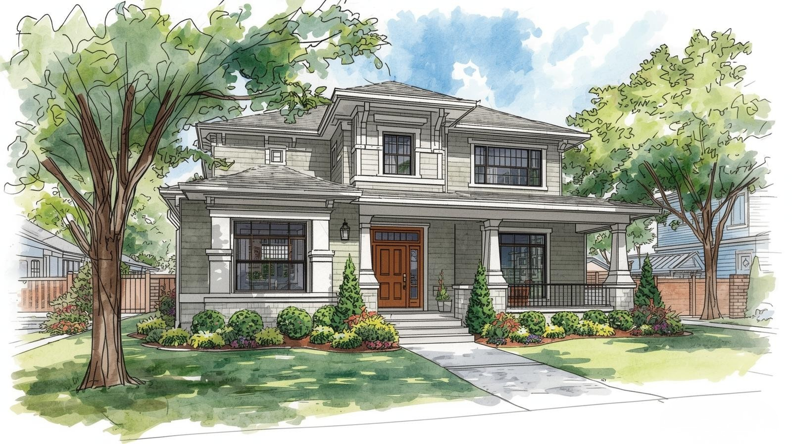 Bespoke landscape design concept for a Houston Heights home featuring custom front yard landscaping, foundation plantings, and structured garden beds