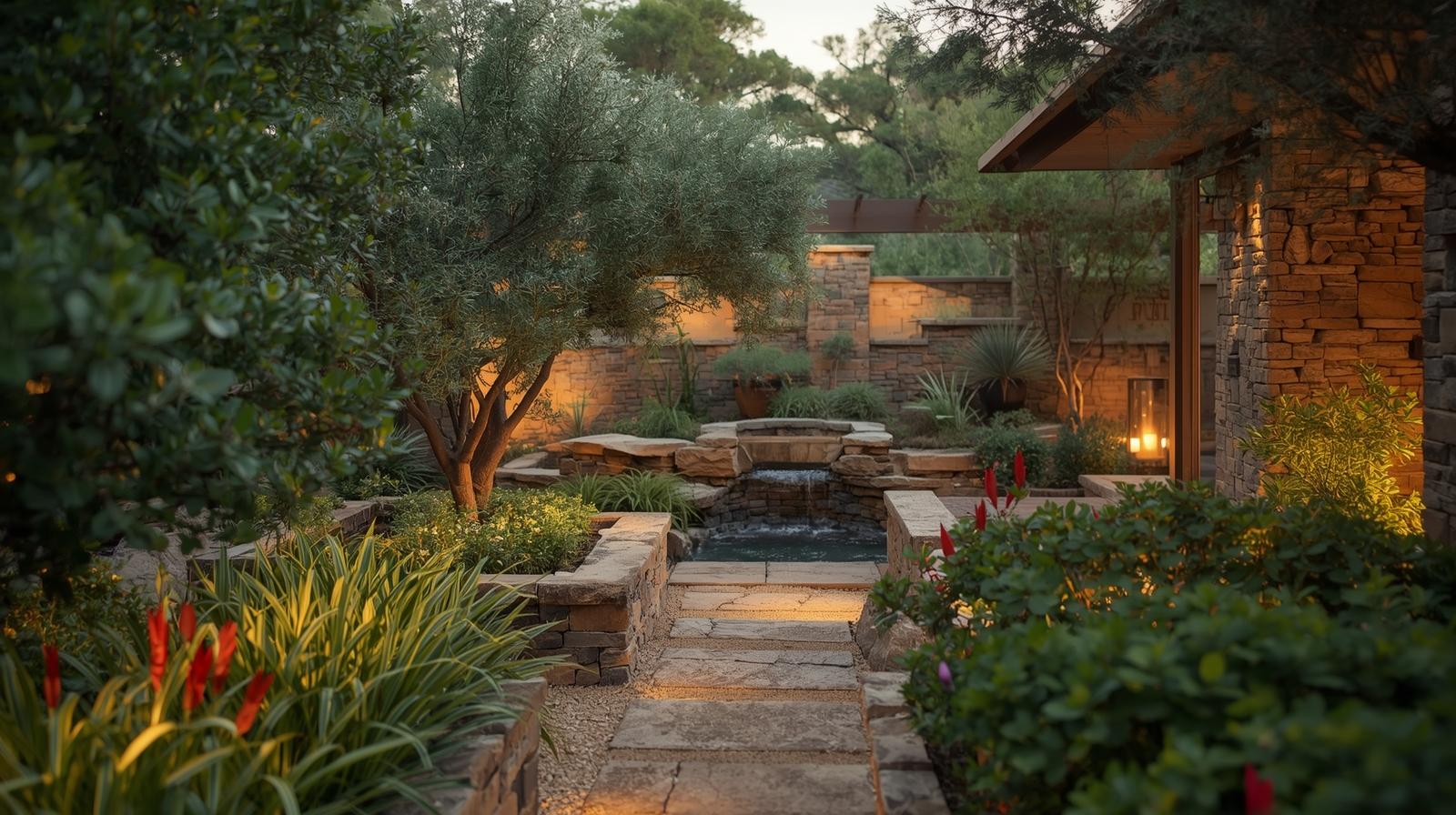Bespoke landscape design in Houston featuring a luxury stone garden pathway, custom hardscape, and ambient outdoor lighting