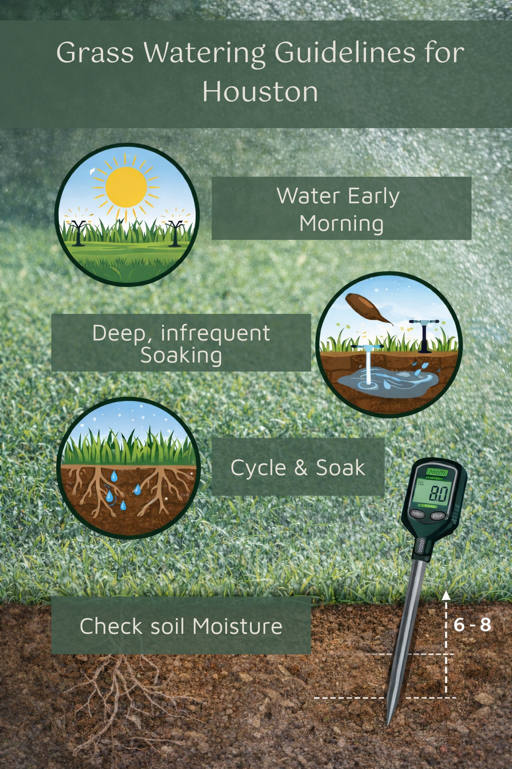 Illustrated infographic showing recommended lawn watering practices for Houston, including watering early in the morning, deep and infrequent soaking, using cycle-and-soak irrigation, and checking soil moisture 6–8 inches below the surface with a soil probe.