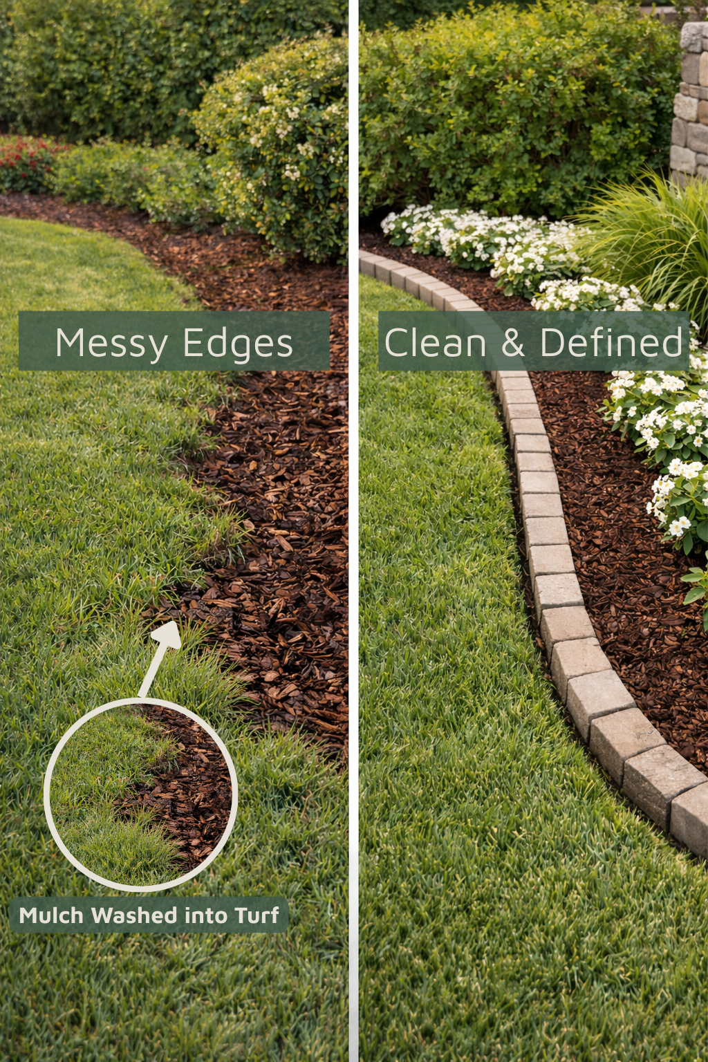 Side-by-side comparison of a lawn edge: on the left, mulch has washed into the grass with uneven bed lines; on the right, a curved soldier brick border cleanly separates turf from a mulched bed planted with white vinca flowers.