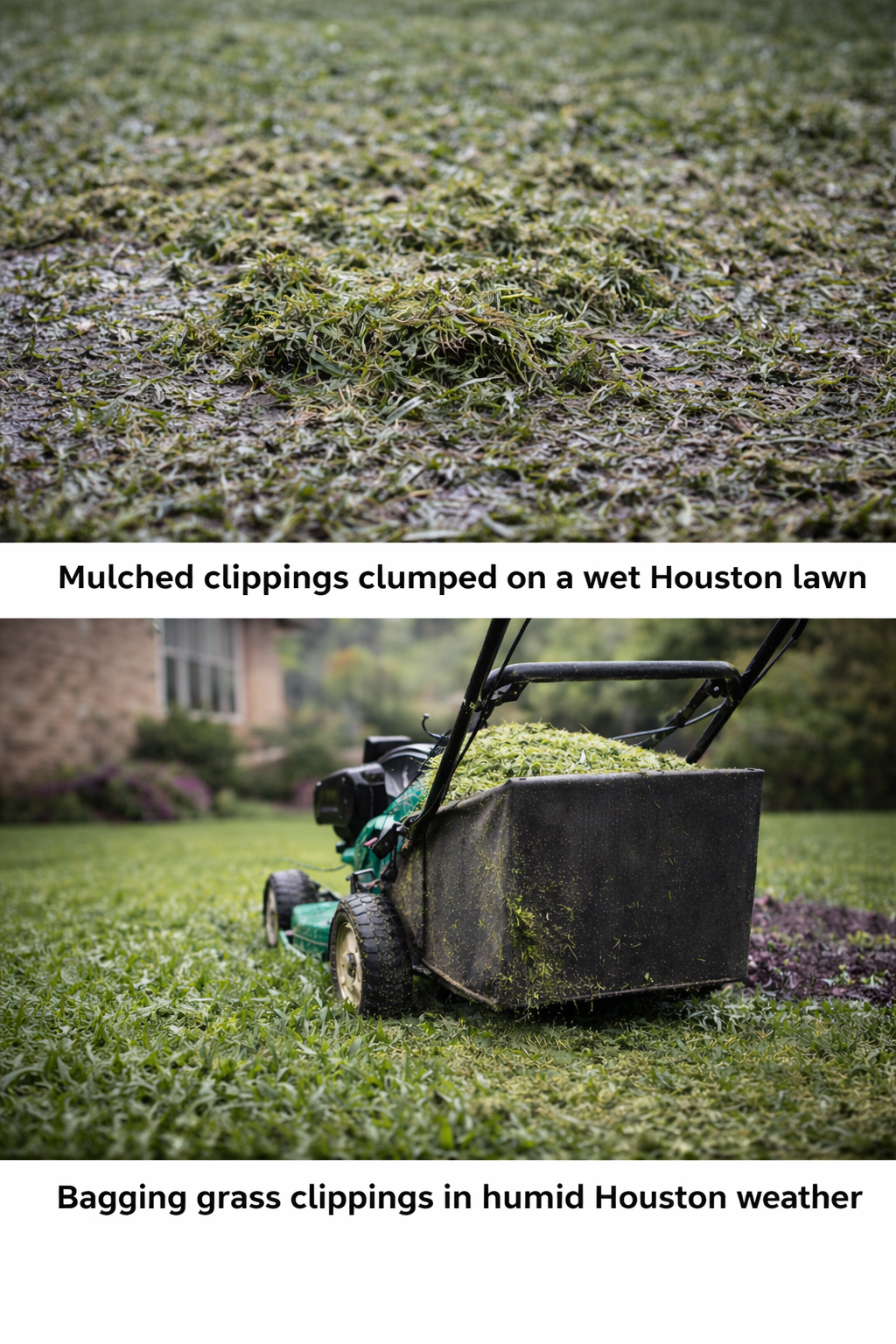 Comparison of mulched grass clippings clumping on a wet Houston lawn versus a mower bagging grass clippings in humid conditions.
