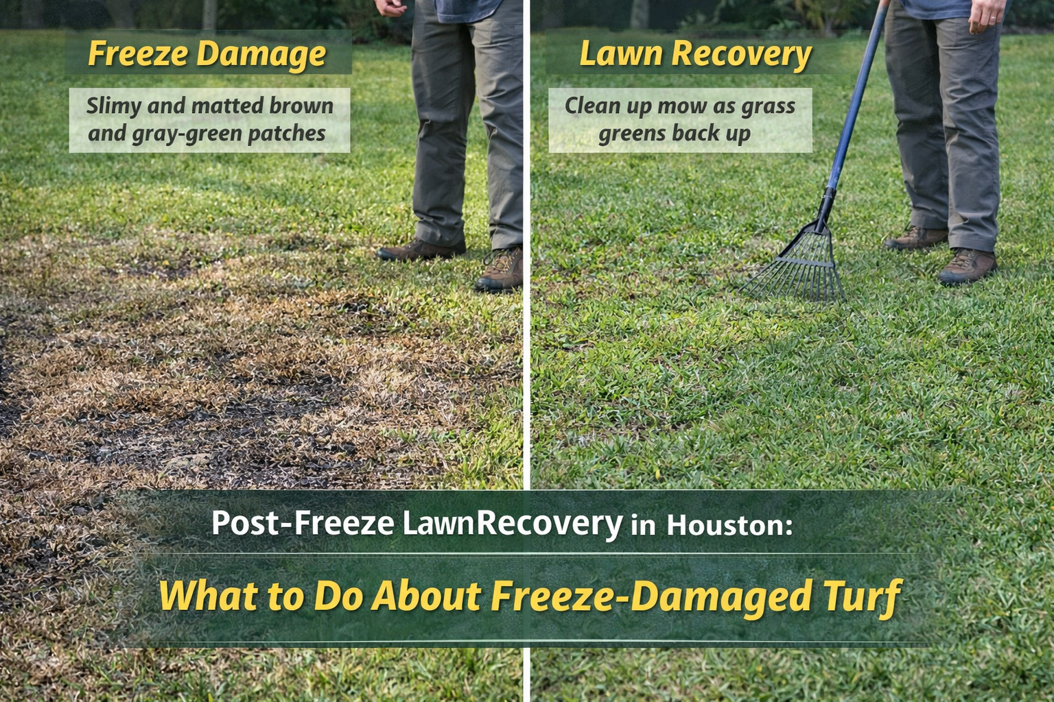 Before and after view of a Houston lawn showing freeze-damaged turf and early spring recovery as grass begins to green back up.