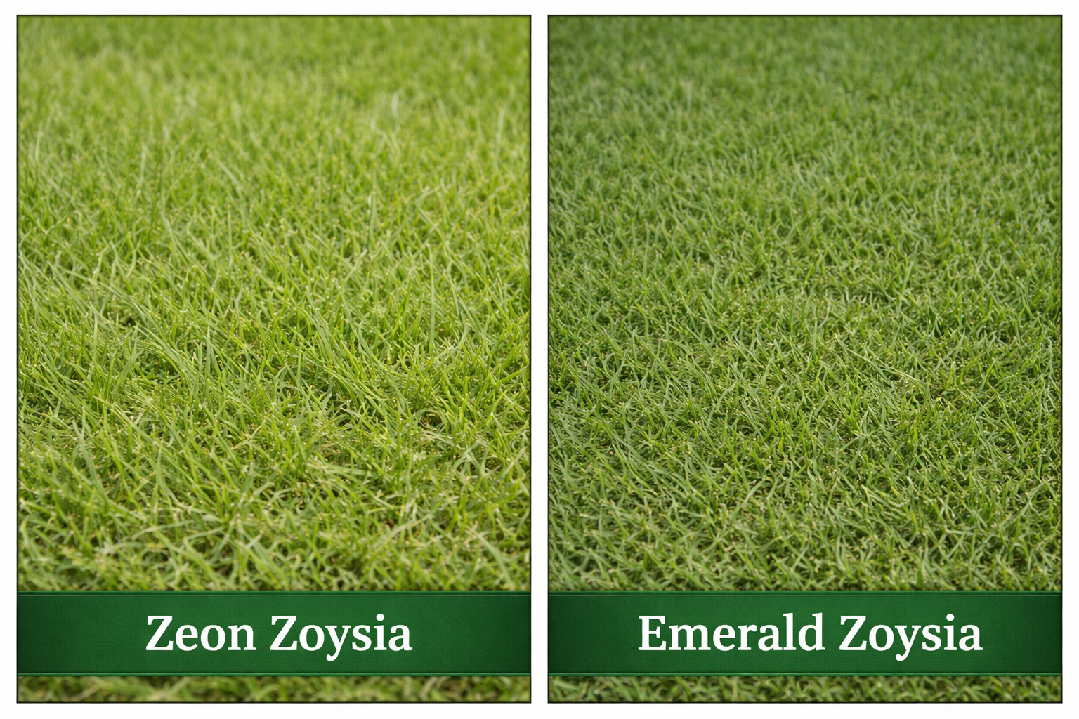 Side-by-side comparison of Zeon Zoysia and Emerald Zoysia grass highlighting fine blade texture and color variation between the two turf types.