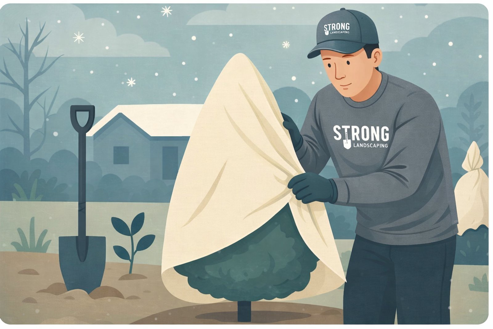 Strong Landscaping crew member wearing a gray long-sleeve shirt and hat covers outdoor plants with frost cloth to protect landscaping during a winter freeze.