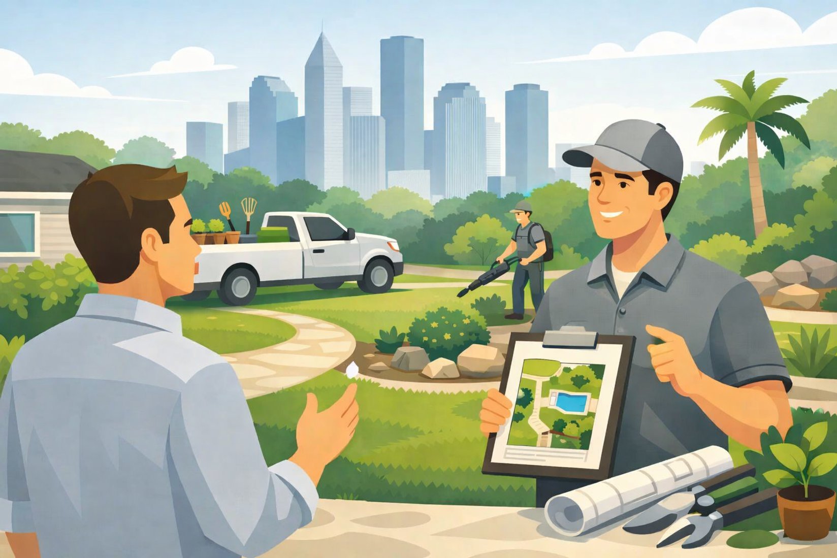 Houston landscape contractor discussing design plan with homeowner while crew works in yard