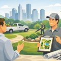 Houston landscape contractor discussing design plan with homeowner while crew works in yard
