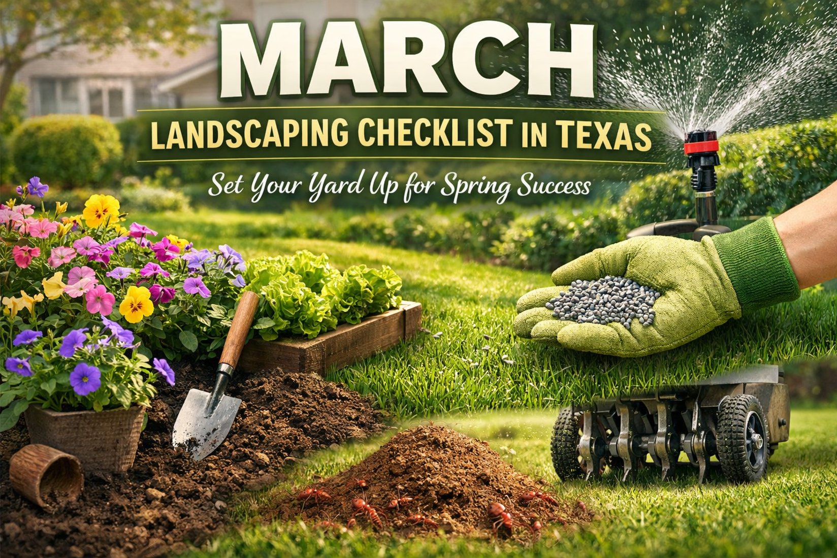 March landscaping checklist in Texas with spring flowers, lawn fertilization, irrigation sprinkler, and garden tools in a Houston yard