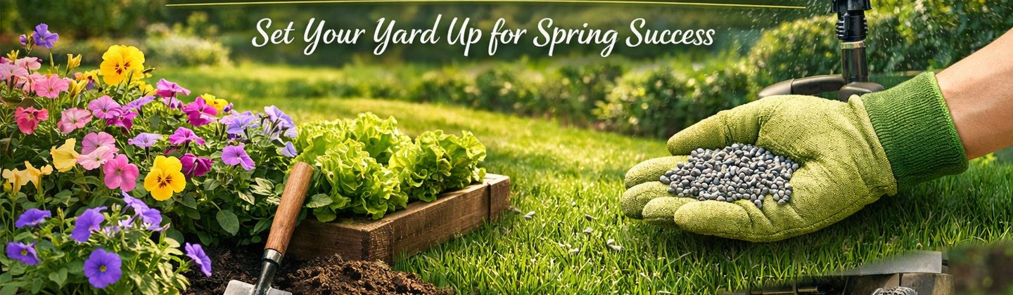 March landscaping checklist in Texas with spring flowers, lawn fertilization, irrigation sprinkler, and garden tools in a Houston yard