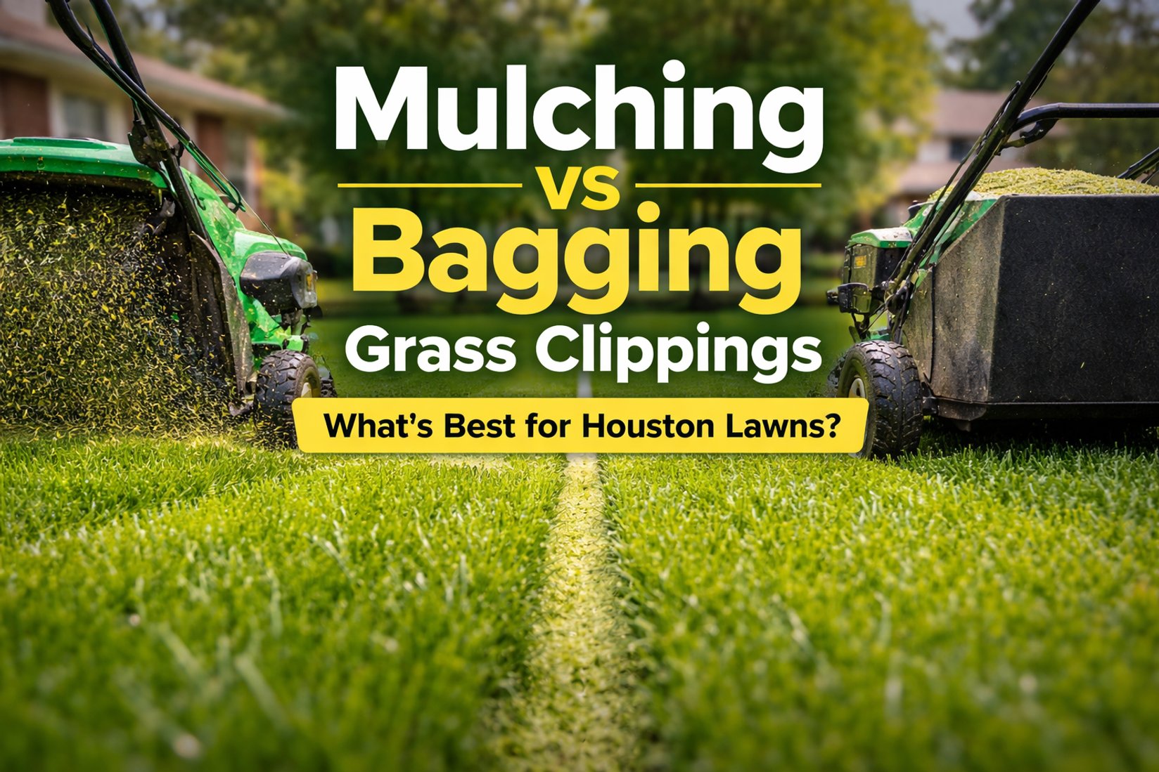 Lawn mower mulching grass on one side and bagging clippings on the other, showing the difference between mulching and bagging grass clippings for Houston lawns.