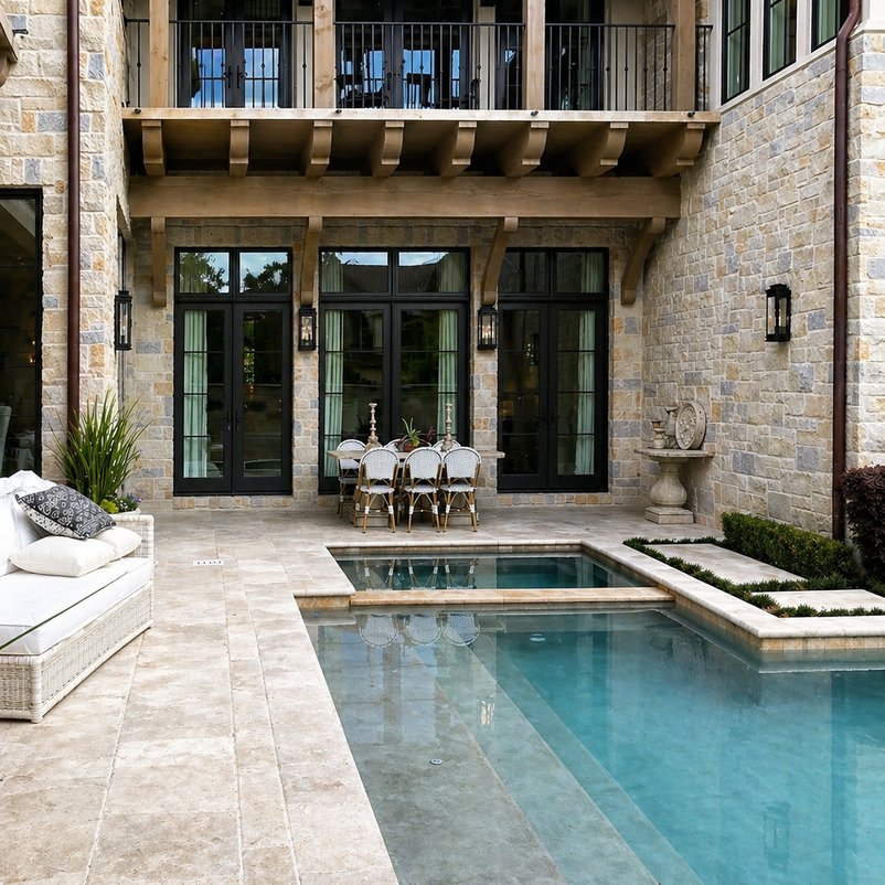 Backyard swimming pool beside a covered porch and paved courtyard