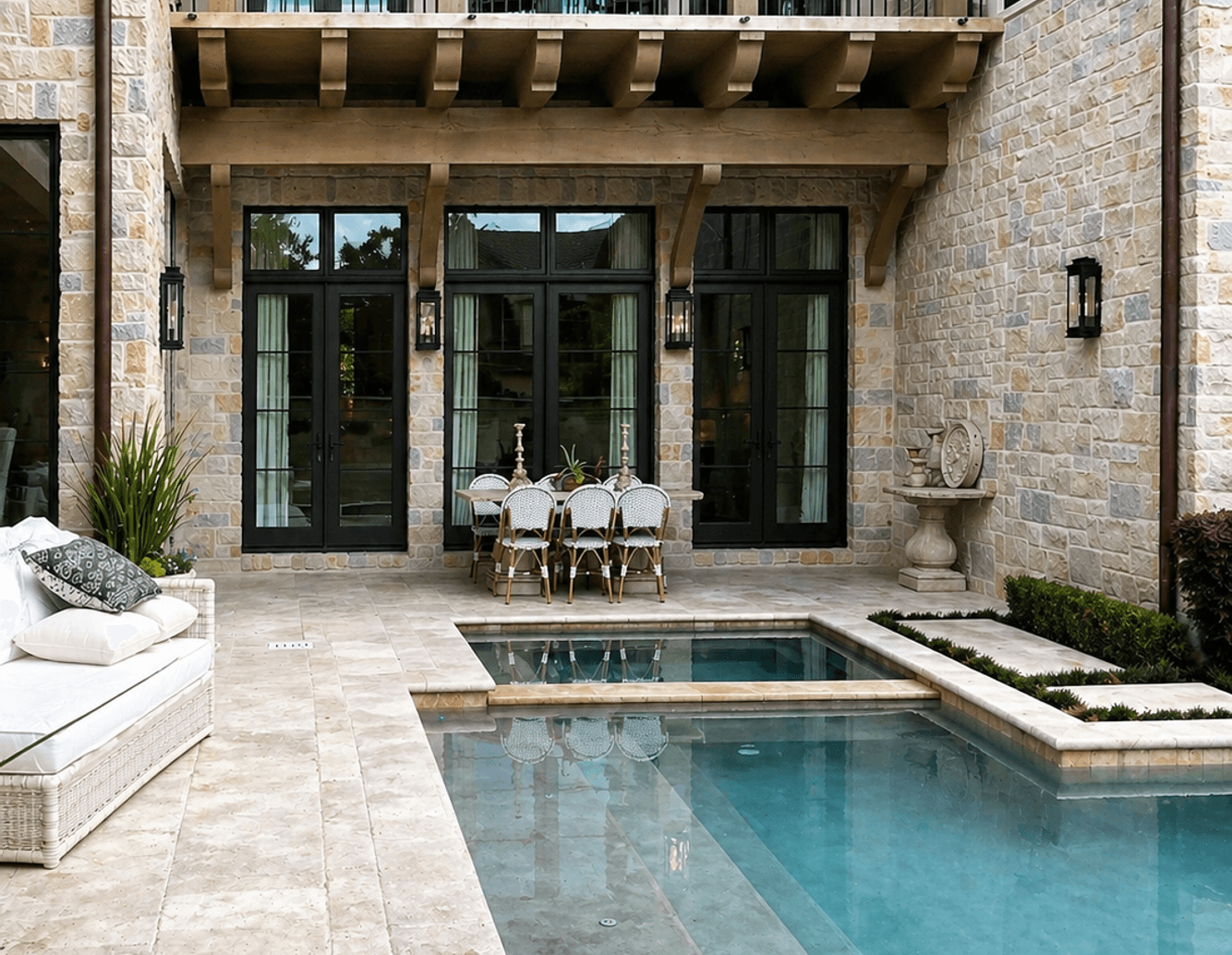 Backyard pool courtyard with a covered porch by Strong Landscaping