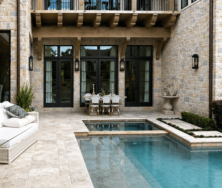 Backyard with a pool, courtyard, and covered porch designed by Strong Landscaping for a Houston, TX home