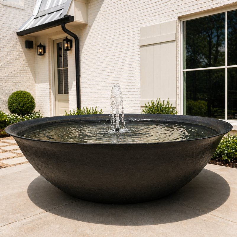 Stone bowl fountain anchoring a landscaped entry courtyard
