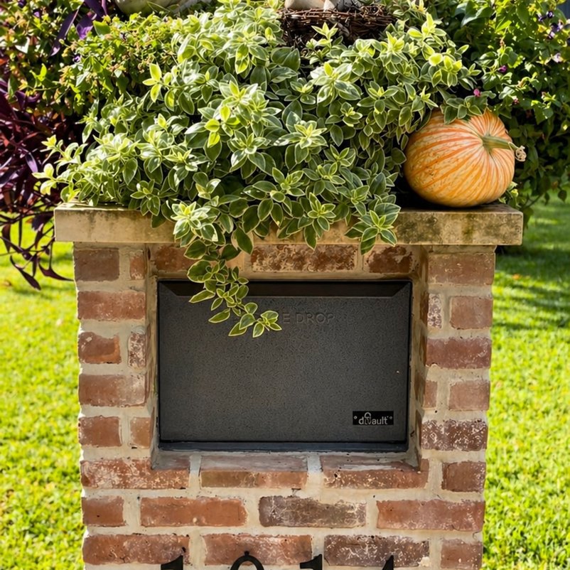 Custom brick mailbox with a built-in planter box and seasonal color