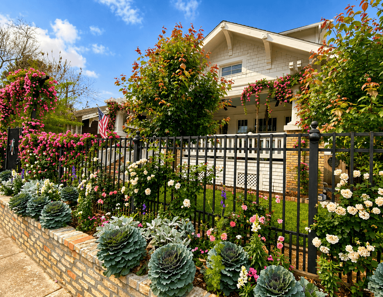 Front-yard flower beds and rose garden along a wrought iron fence by Strong Landscaping