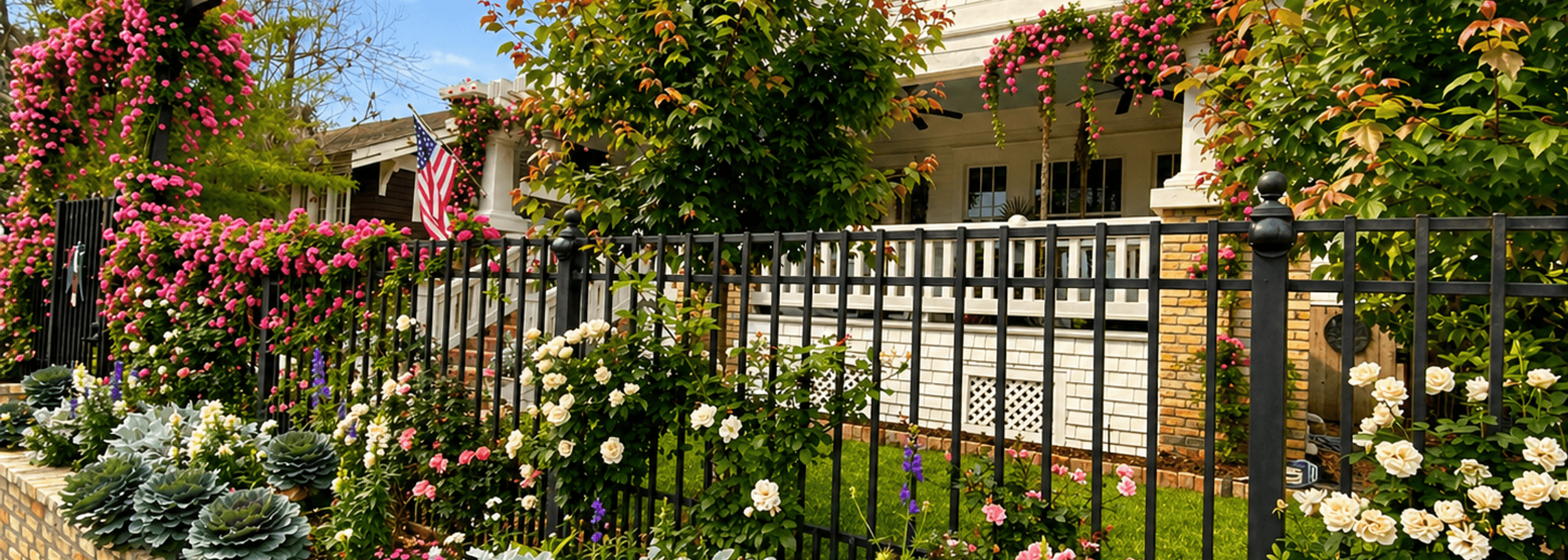 Decorative iron fence framing a landscaped front yard and flower beds, built by Strong Landscaping in Houston