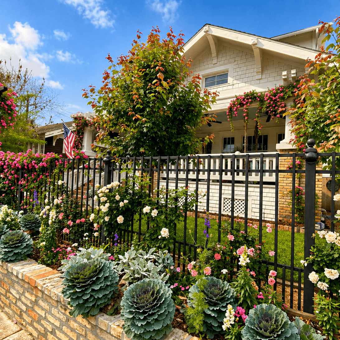 Front-yard rose garden and flower beds behind a wrought-iron fence