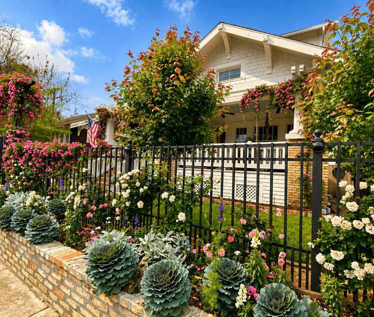Full landscape installation with flower beds, a rose garden, and an iron fence in a Houston, TX front yard by Strong Landscaping