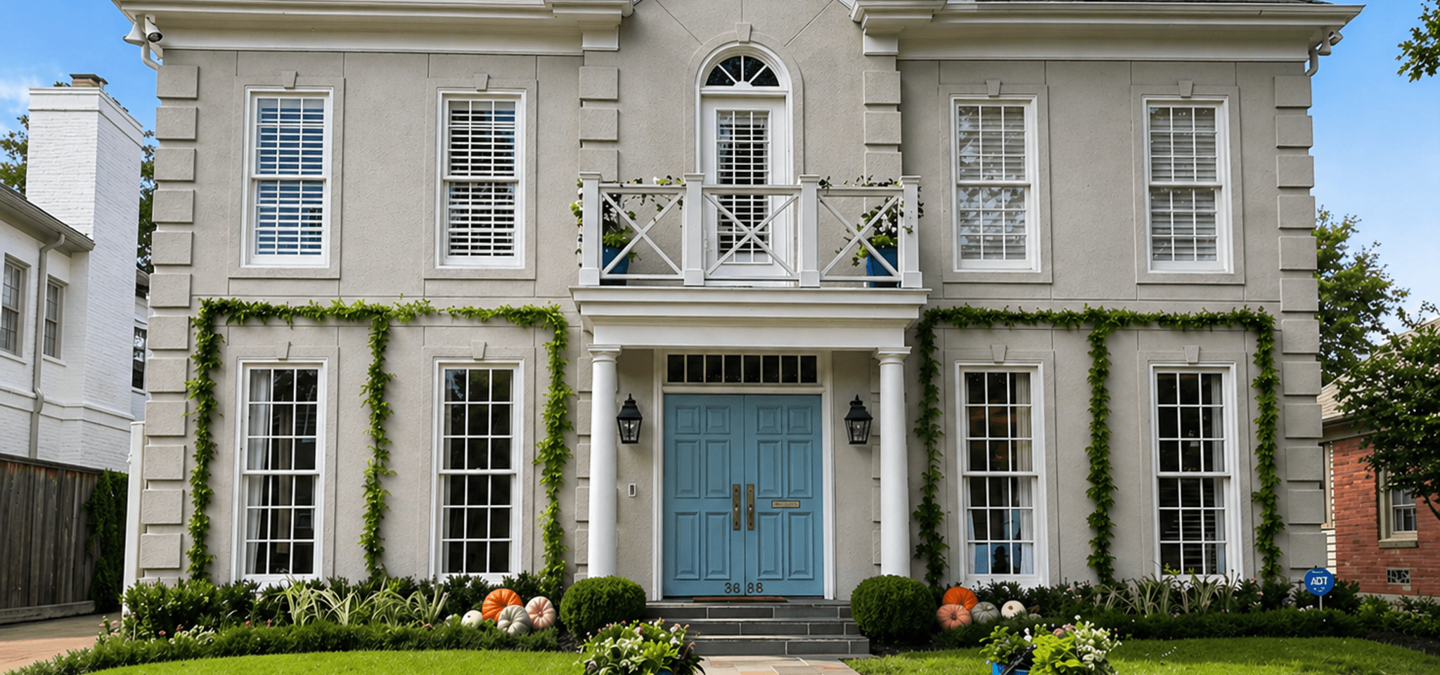 Pumpkins in cream, orange and green lining the front walkway and beds of a Houston home