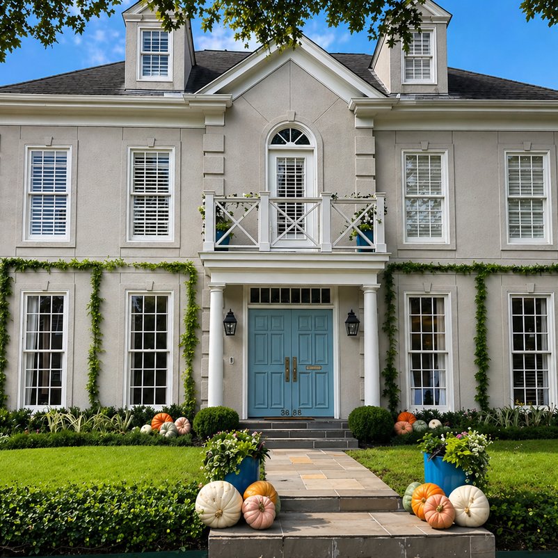Front entry walkway lined with clipped boxwoods and fall decor