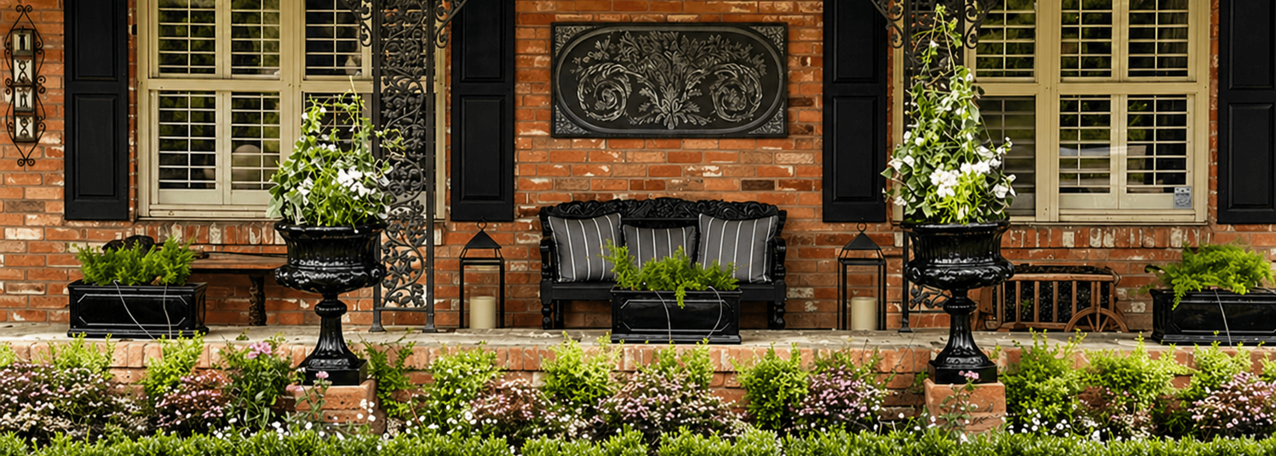 Flower bed installation with layered plantings along the front porch of a brick house in Houston, TX by Strong Landscaping