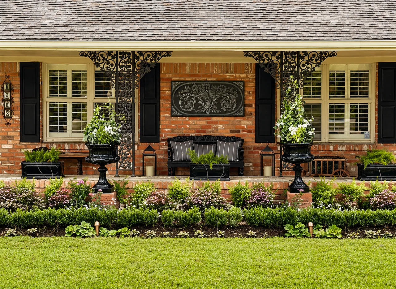 Brick home with a landscaped front porch and layered flower beds by Strong Landscaping