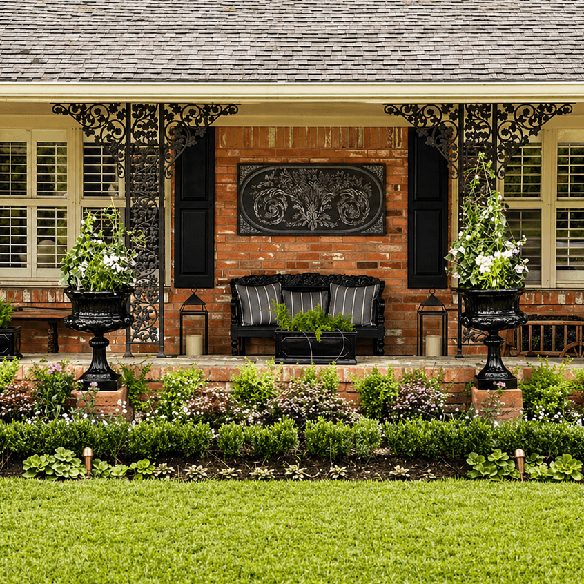 Colorful flower beds framing the front porch of a brick home landscaped by Strong Landscaping