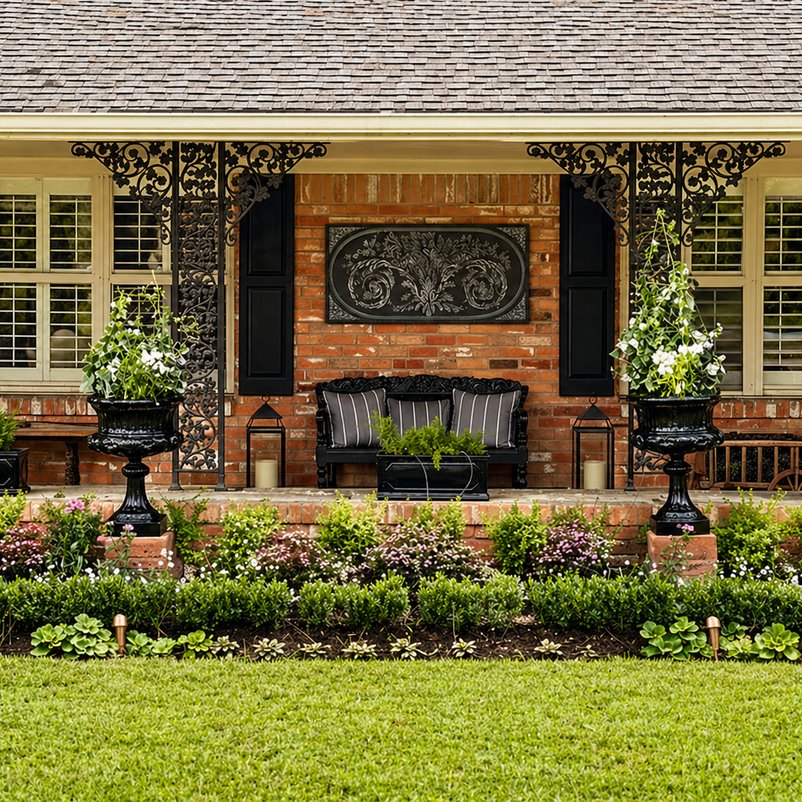 Layered flower beds framing the front porch of a brick home