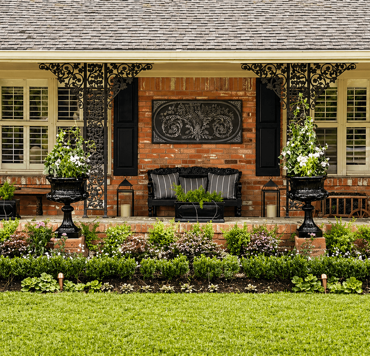 Front-porch flower beds at a brick single-family home, landscaped by Strong Landscaping in Westchase, Houston, TX