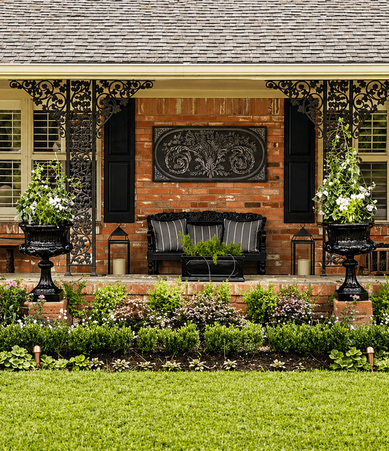 Front-porch flower beds at a brick home landscaped by Strong Landscaping in Braeswood Place, Houston, TX