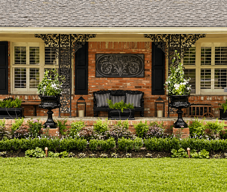 Flower bed installation with layered plantings along the front porch of a brick house in Houston, TX by Strong Landscaping