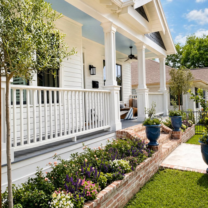 Front porch flower beds finished with clean stone edging