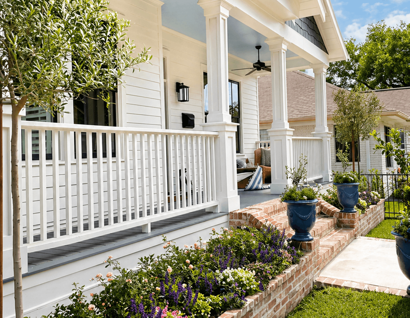 Front-porch flower beds with stone edging by Strong Landscaping