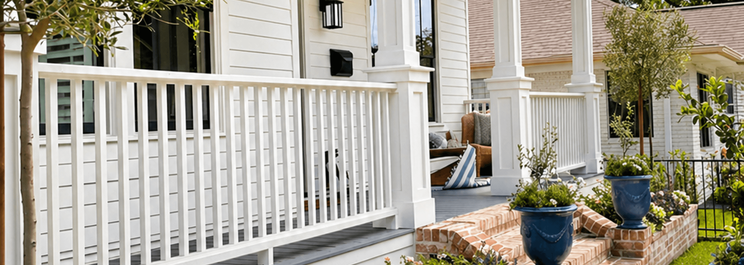 Front porch framed by lush flower beds with clean stone edging, landscaped by Strong Landscaping in Houston, TX