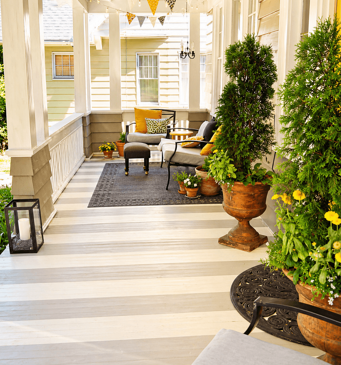 Houston front porch with planters and outdoor seating styled by Strong Landscaping