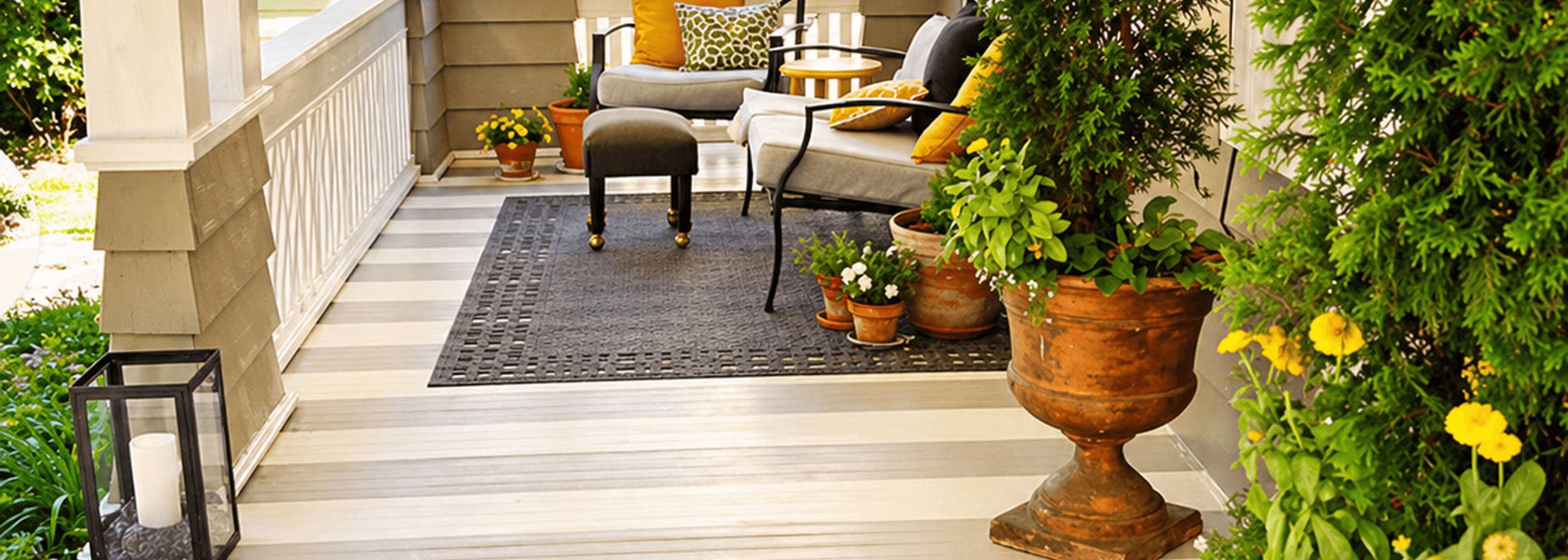 Covered front porch with potted planters and outdoor seating built by Strong Landscaping in Houston, TX