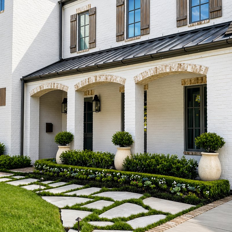 Stone walkway and boxwood landscaping leading to a front porch