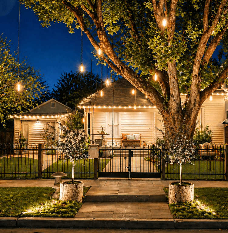 Front yard landscape lighting along a Houston driveway and entry gate at dusk