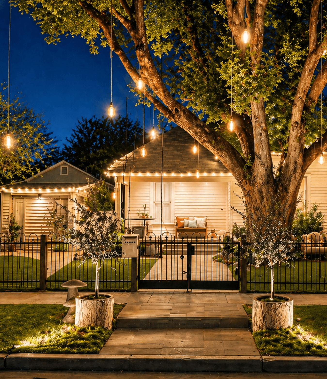 Front-yard landscape lighting along a driveway and entry gate at dusk, the kind of evening curb appeal Strong Landscaping builds in Upper Kirby, Houston, TX