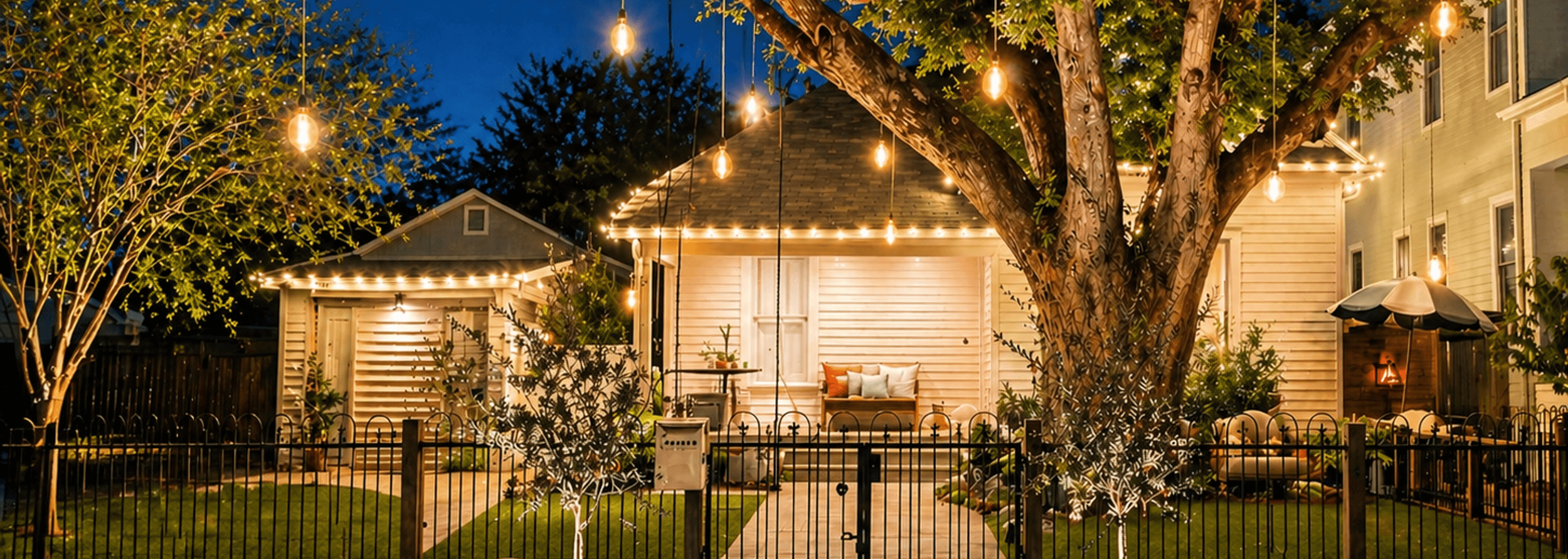 Warm landscape lighting glowing along a front yard driveway and entry gate at dusk, installed by Strong Landscaping in Houston, TX