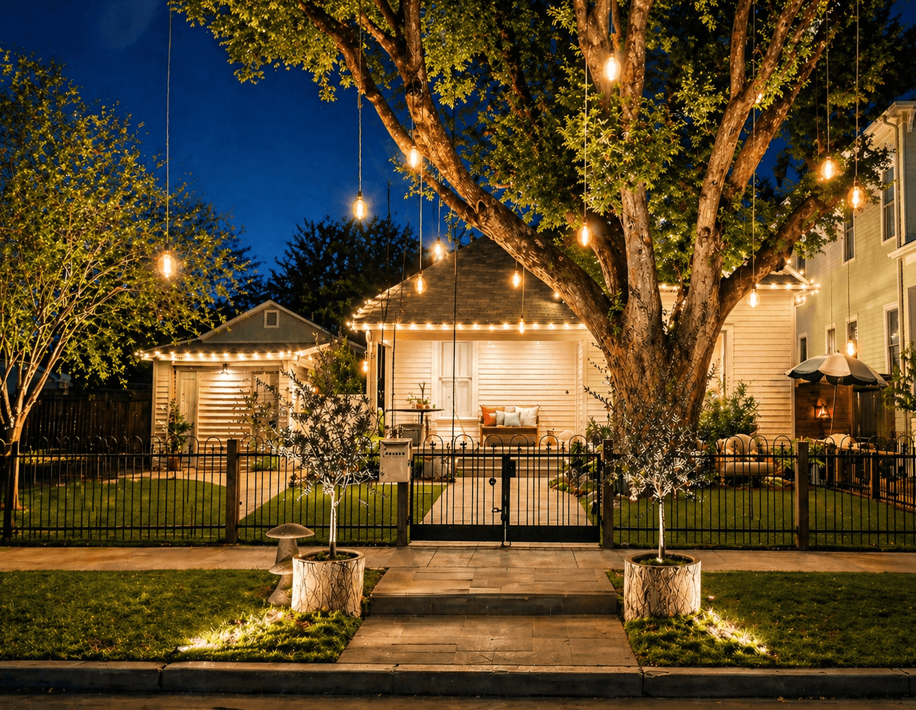 Front-yard landscape lighting along a driveway and entry gate at dusk by Strong Landscaping