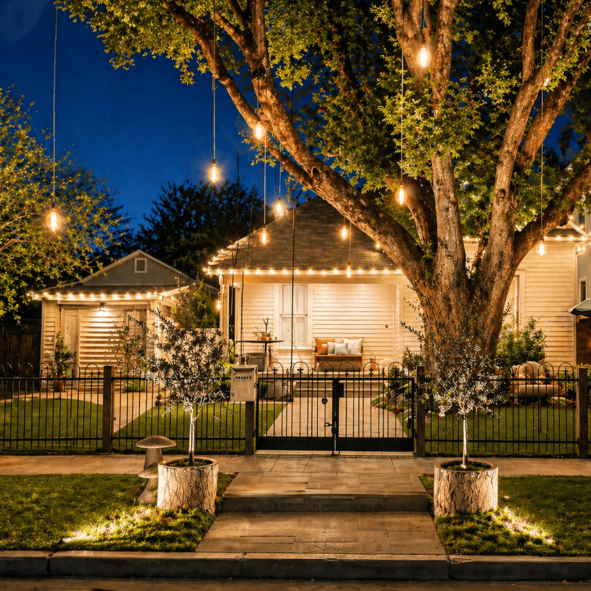 Front-yard landscape lighting glowing along a driveway and entry gate at dusk by Strong Landscaping