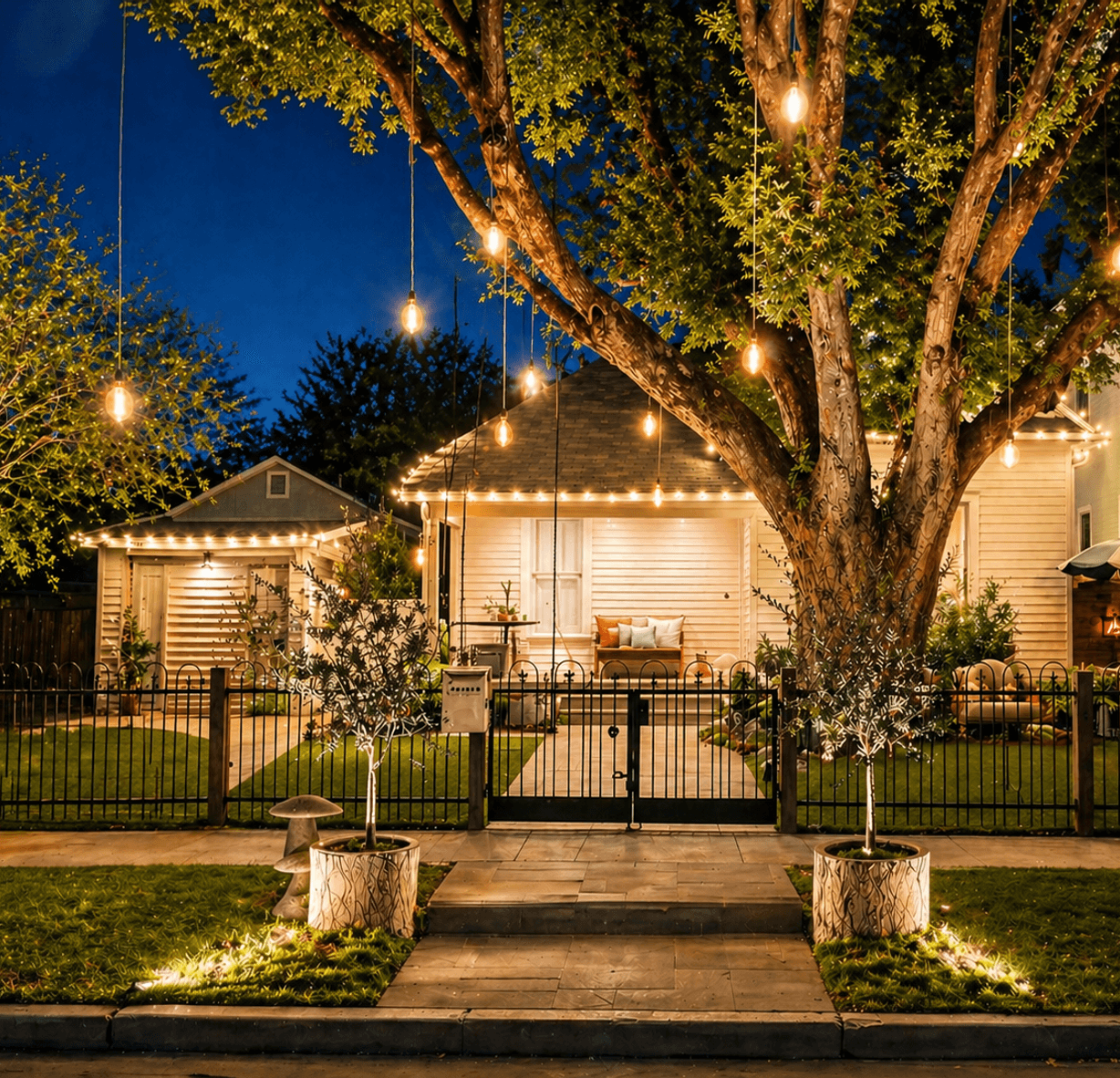 Front-yard landscape lighting along a driveway and gate, installed by Strong Landscaping in Spring Branch, Houston, TX