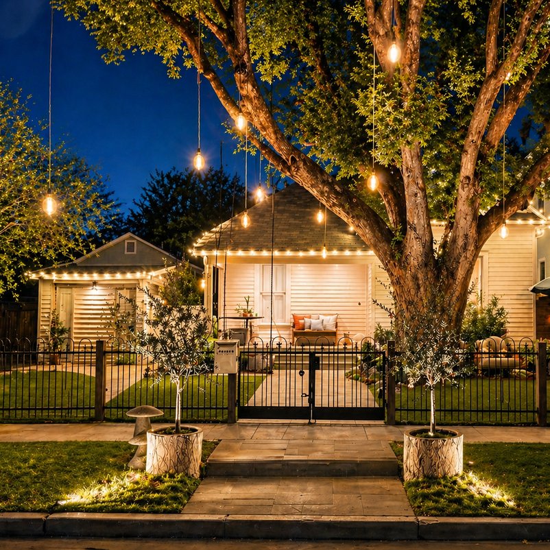 Front-yard landscape lighting illuminating a driveway and entry gate at dusk