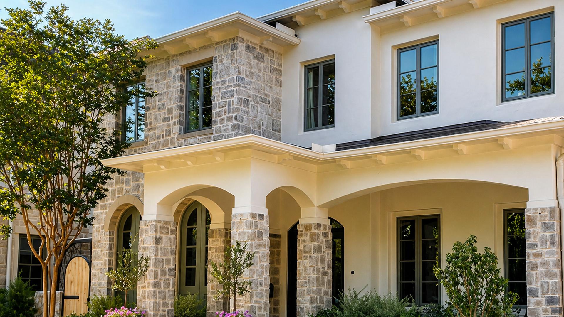 Manicured front lawn and flower beds framing a custom stone home