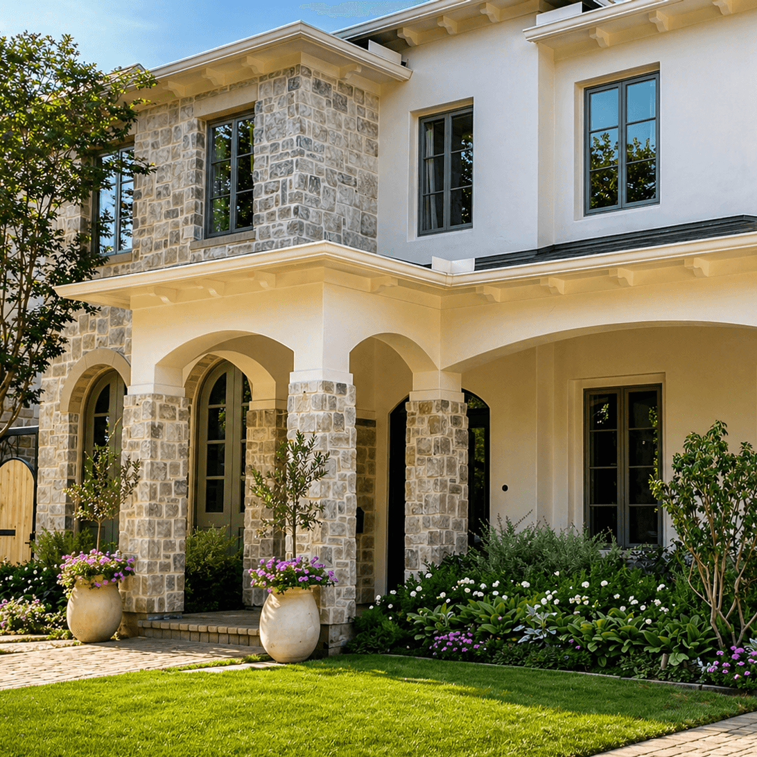 Manicured front lawn and flower beds framing a stone home
