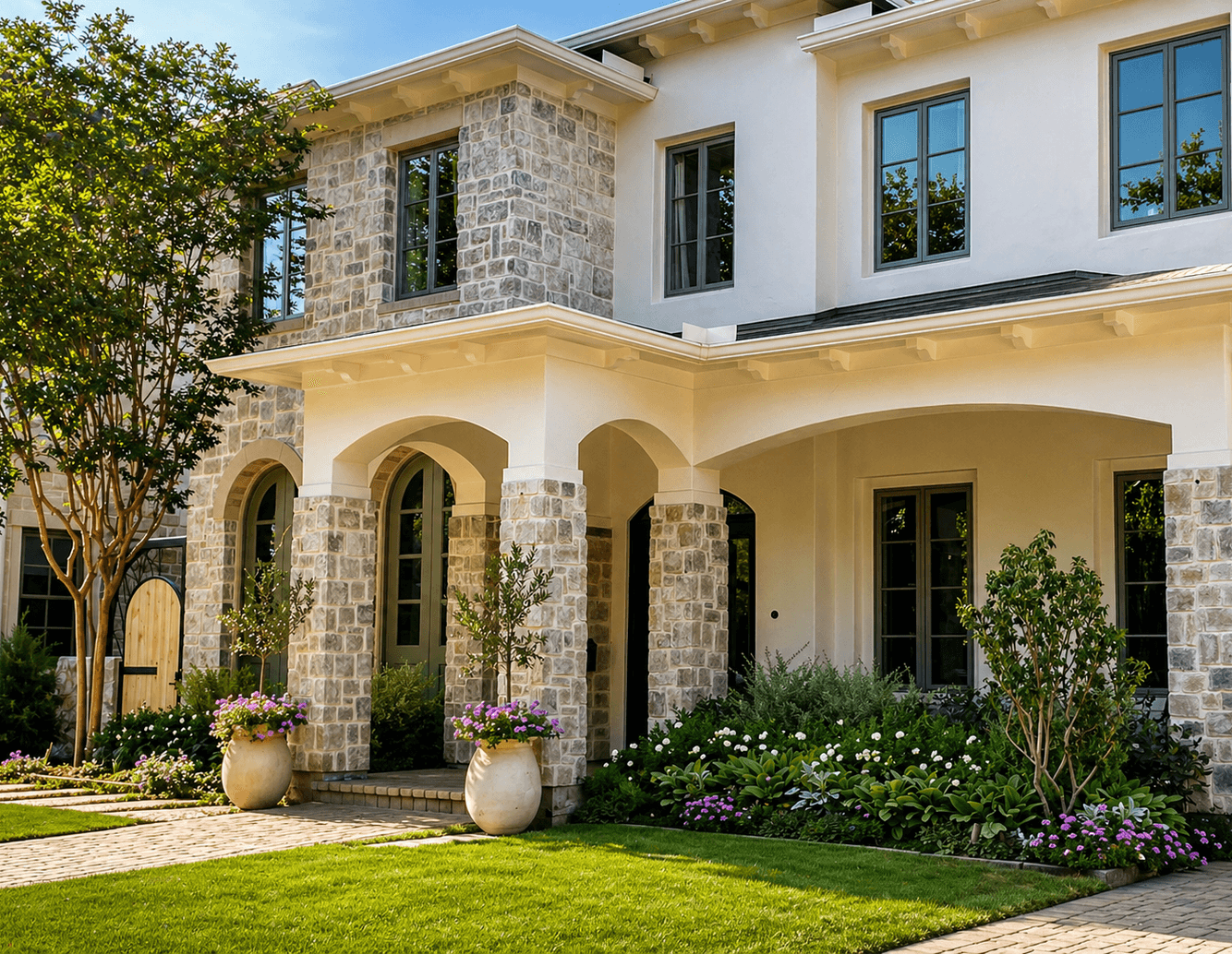 Front-yard landscaping with a healthy lawn and flower beds at a stone home by Strong Landscaping