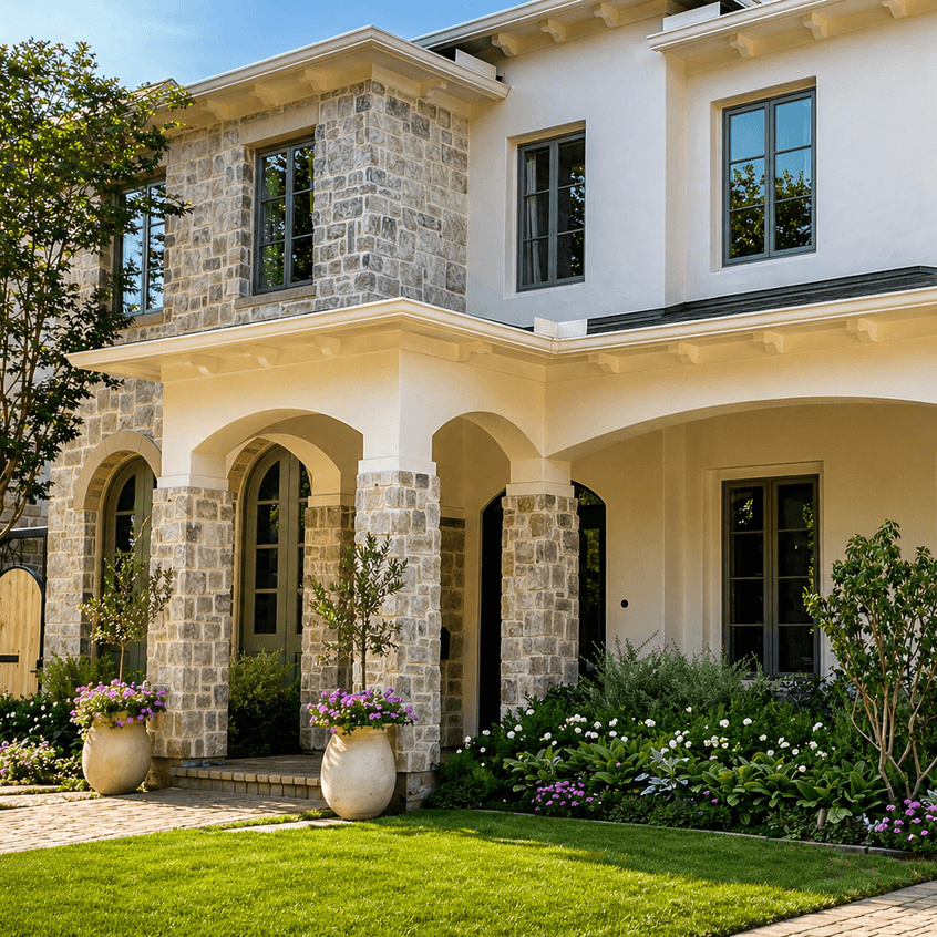 Sweeping green front lawn and layered flower beds framing a stone home landscaped by Strong Landscaping