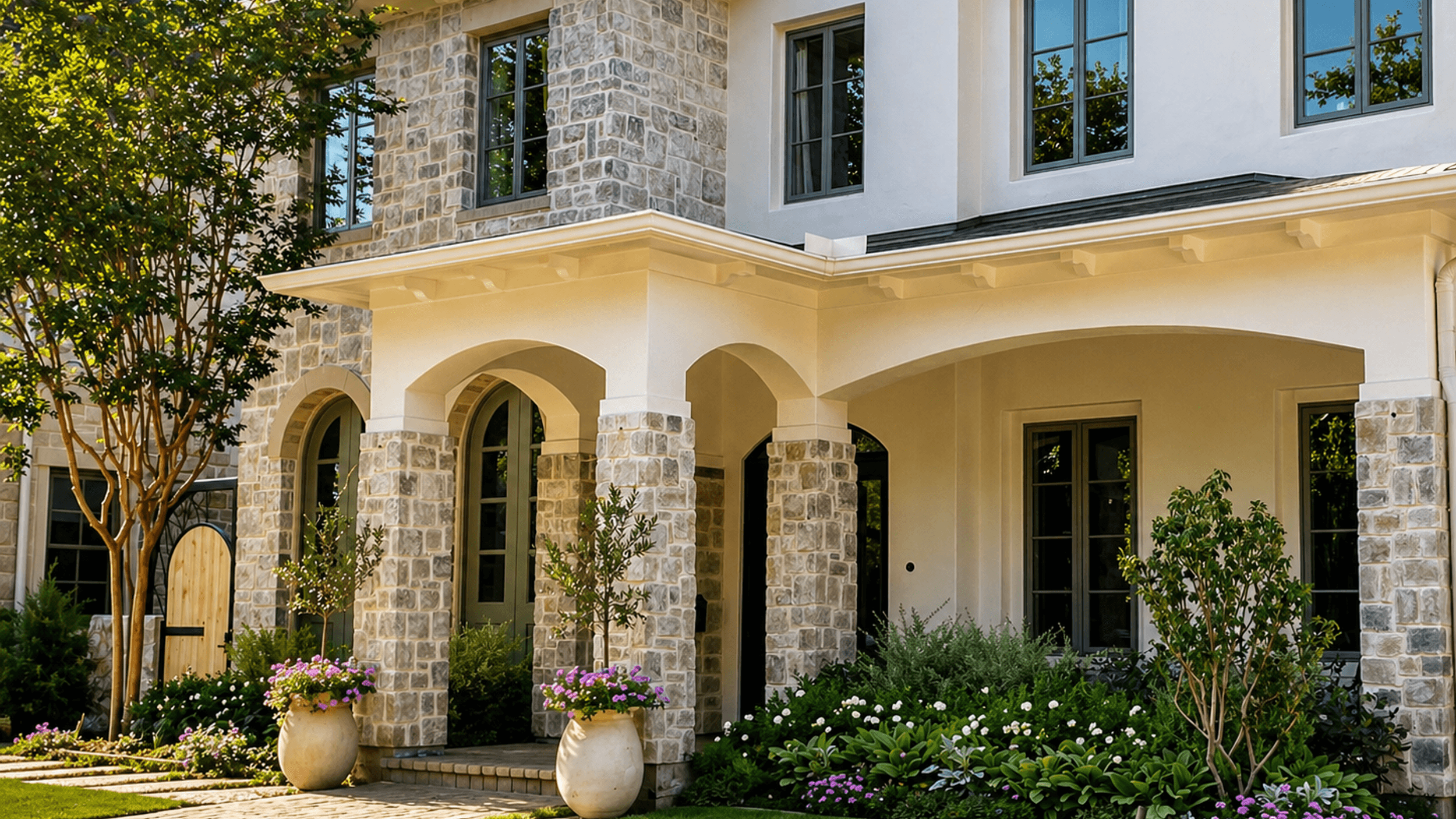 Manicured front lawn and flower beds framing a custom stone home
